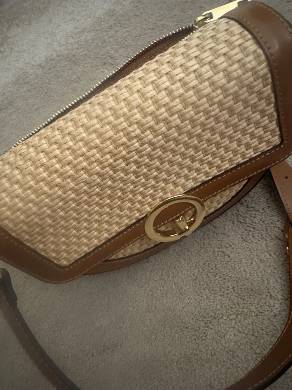 Cheval Firenze Raffia and Leather Woven Saddle Crossbody Bag in Tan and Natural
